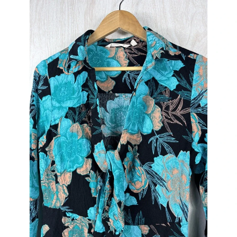 Soft Surroundings Womens M Teal Floral Maxi Dress Black Viscose Tie Front Boho
